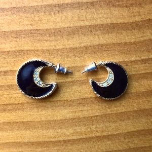 Vintage 90s Black Gold Cubic Zirconia Moon Crescent Earrings Elegant Boho Classy